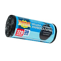Мешки для мусора 120 л, с ушками, черные, в рулоне 30 шт., ПНД, 15 мкм, 1100х700 мм, Крепак, 4607075710375 в Подольске