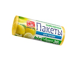 Мешки для мусора 30 л, ароматизированные, Лимон, желтые, в рулоне 20 шт., ПНД, 9 мкм, 560х530 мм, GRIFON Aroma, 101-020 Li в Подольске